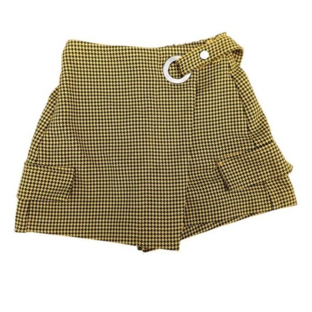 Houndstooth Skort Skirt Shorts Yellow Black Bershka Mod Zip Faux Pocket Flaps 00